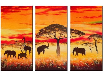 夕日の森の木の下にある象 Oil Paintings